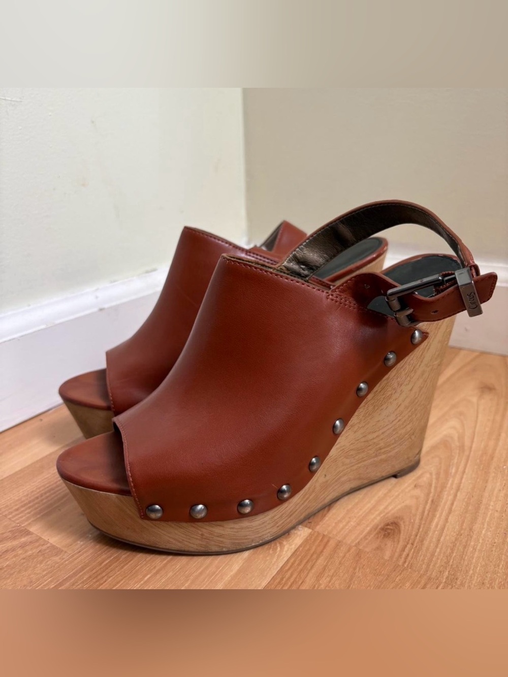 Circus by Sam Edelman Cognac Studded Leather Wedge Sandals